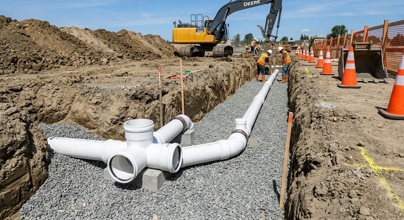 New PVC sewer pipe installation in open trench for Sewer Camera Inspection in East Grand Rapids