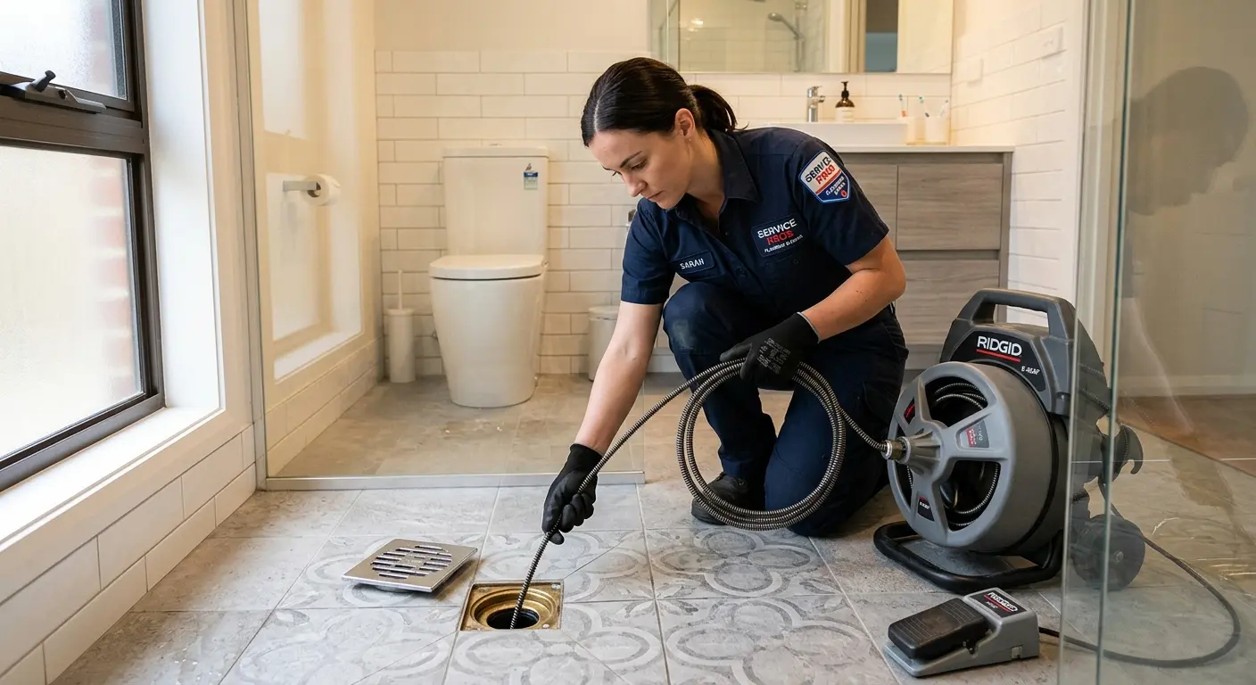 Technician clearing a bathroom floor drain for Hydro Jetting in East Grand Rapids